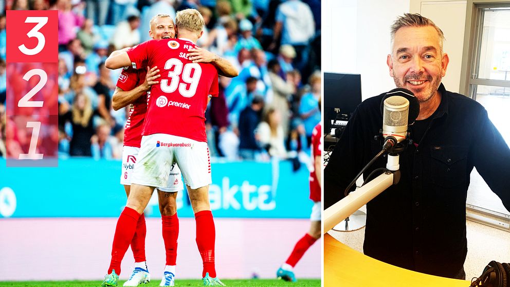 Olle Tyrbo är kommentator/sportchef P4 Kalmar och spelare i Kalmar FF kramas efter ett mål.