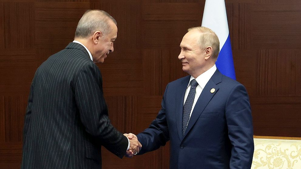 Turkiets president Recep Tayyip Erdogan och Rysslands president Vladimir Putin skakar hand med ländernas respektive flaggor i bakgrunden.