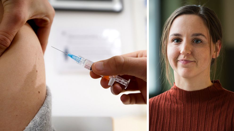 En bild på en vaccinspruta och en till bild med en leende kvinna.