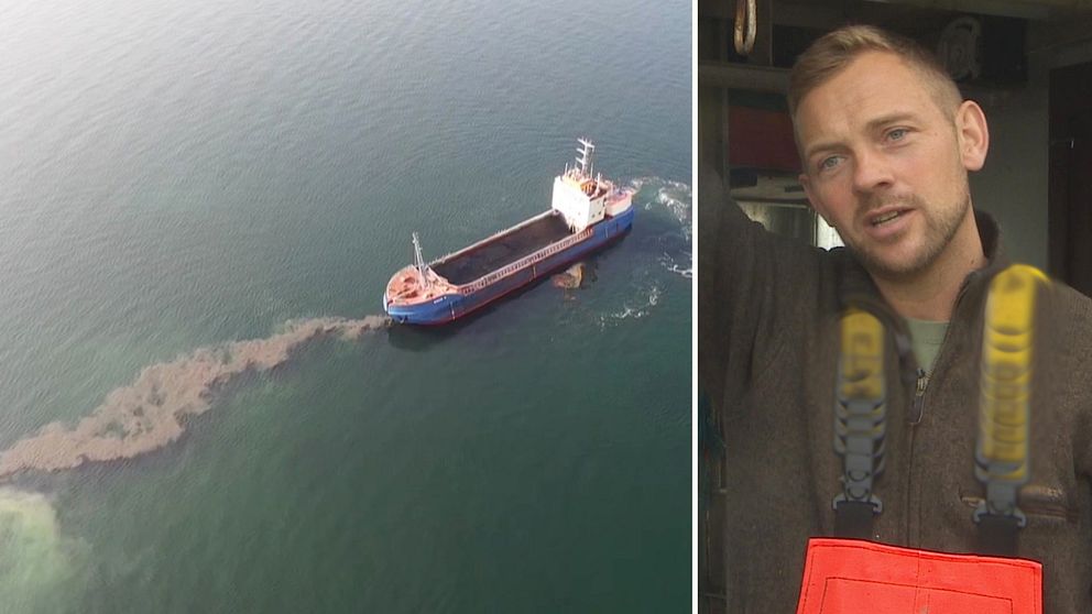 Till vänster ser man slammet i Öresund, tilll höger fiskaren i Morten Krogh.