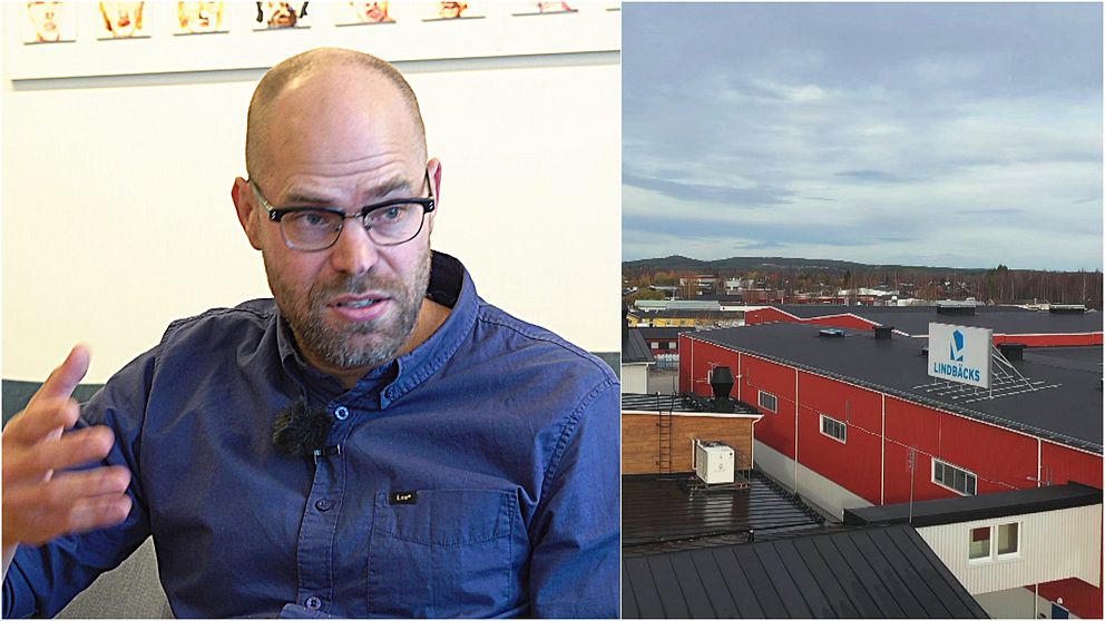 Två bilder: Till vänster: lektor Tobias Indén sitter på en stol, har på sig glasögon och blå skjorta. Han berättar om varför affären mellan Piteå kommun och Lindbäcks Byggs fabrik är olaglig. Till höger: En översiktsbild på Lindbäcks Byggs röda fabrik i Öjebyn.