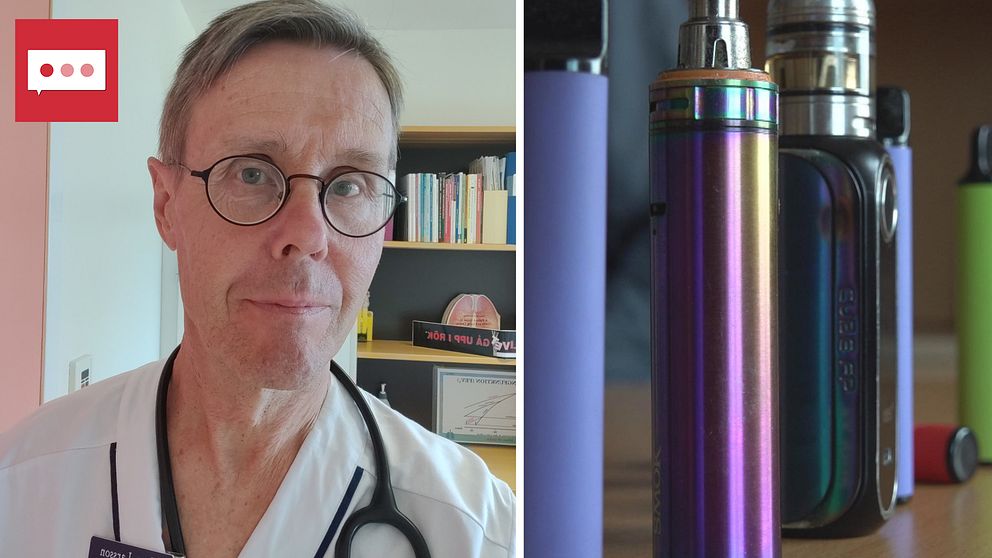 Till vänster: Porträttbild på lungläkaren Matz Larsson, står i läkarrrock inomhus. Till höger: Närbild på olika e-cigaretter, även kallade vapes.