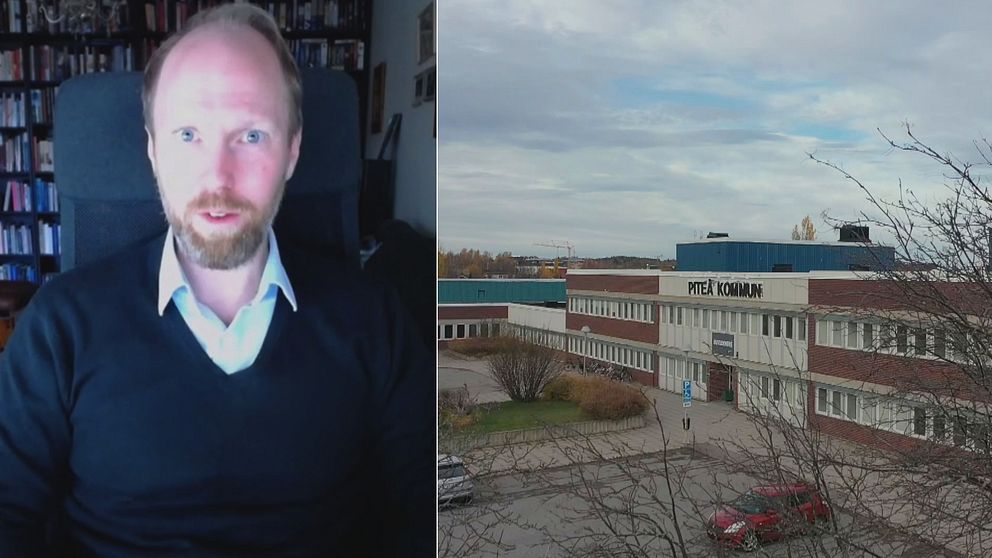 Till vänster: Porträttbild inomhus där finansläraren Peter Lindberg sitter i en kontorsstol och tittar in i kameran medan han förklarar varför fastighetsaffären mellan Lindbäcks Bygg och Piteå kommun är en laglig form av skatteplanering.