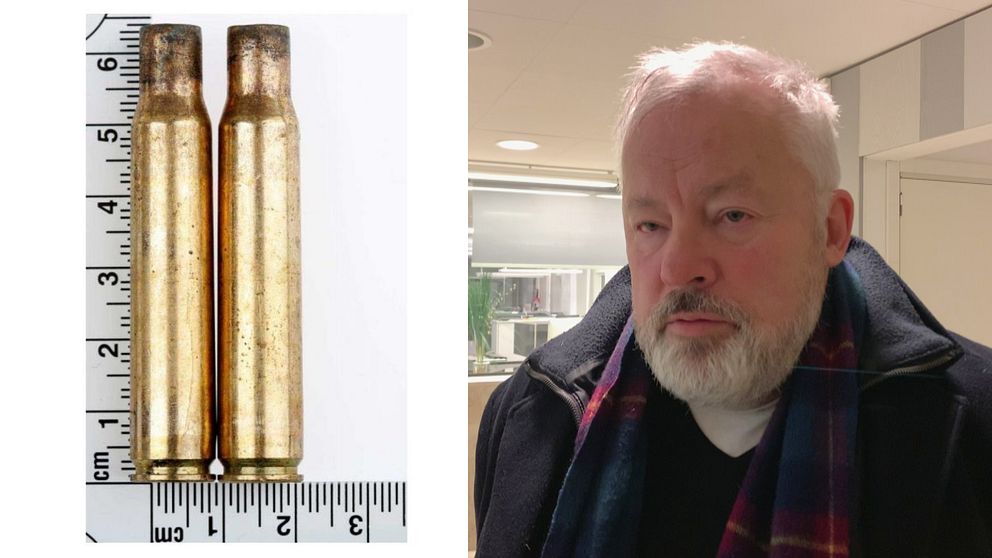 Bild på vapenhylsor och åklagaren Christer B Jarlås.