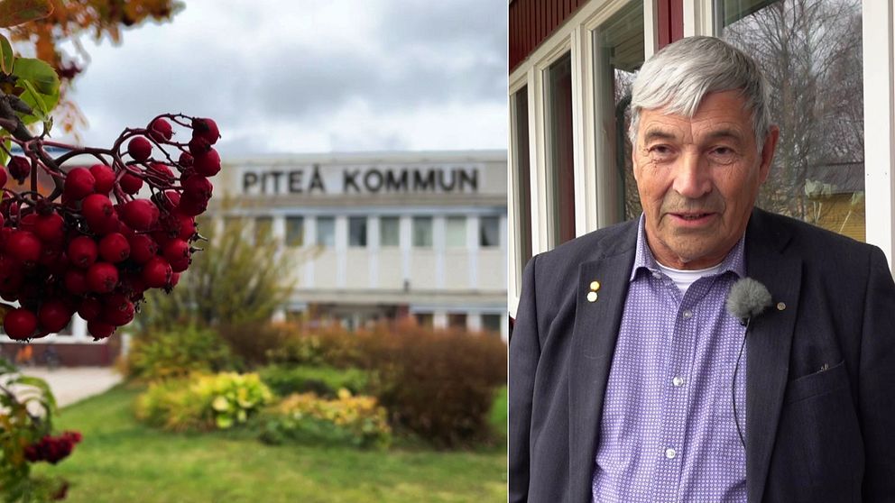 Två bilder: Till vänster: Rönnbär i förgrunden och kommunhuset i Piteå i bakgrunden. Till höger: Johnny Åström (Sjukvårdspartiet), står framför ett hus och berättar om varför han anser att det var fel av Piteå kommun att köpa Lindbäcks Byggs fabrik i Öjebyn. Han har på sig en kavaj och en lila skjorta.