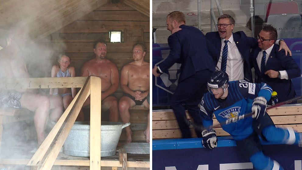 Bastubadare och finska hockeylandslaget firar ett mål