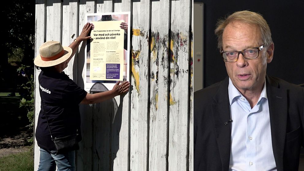 En kvinna sätter upp en röstnings-affisch. i nästa bild en man med glasögon, Björn Jedvert.