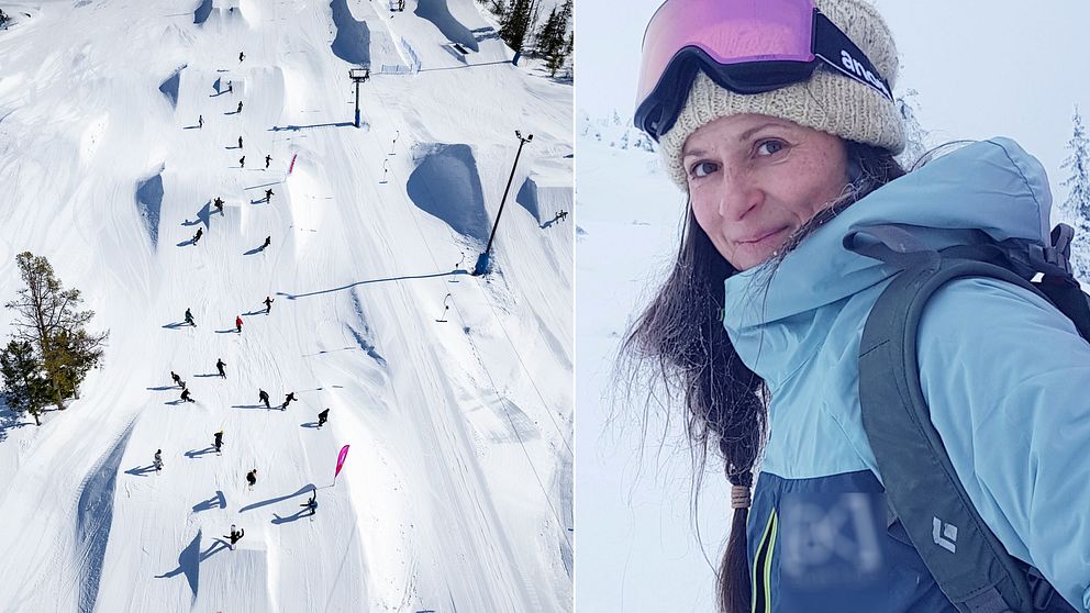Till vänster: Bild på snowbordpark i backe fotograferad ovanifrån, som en drönarbild. Till höger: Bild på Marina Minetti som har på sig snowboardklöder och skidglasögon.