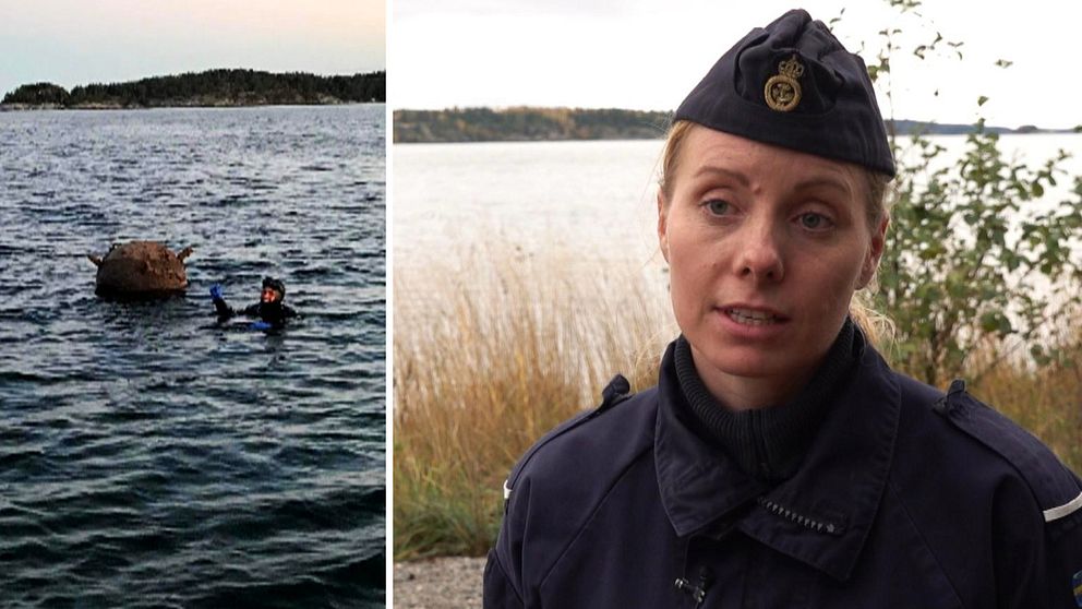 Melina Westerberg, kommunikationschef Fjärde Sjöstridsflottiljen står vid vattnet. Till höger en mina med en dykare bredvid.