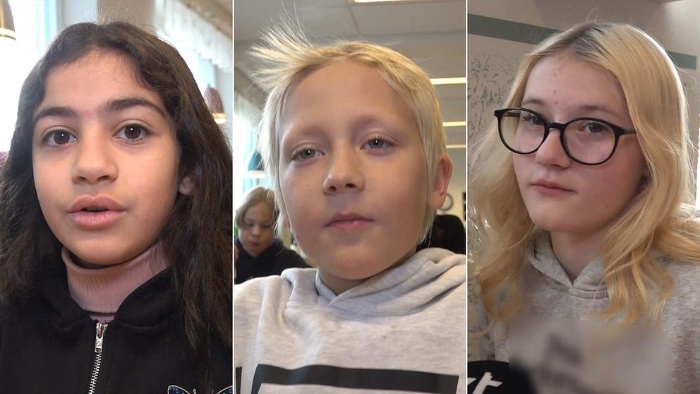 Porträttbilder på tre barn på Södermalmsskolan i Lycksele som säger vad de tycker om debatten om skolmaten i kommunen.