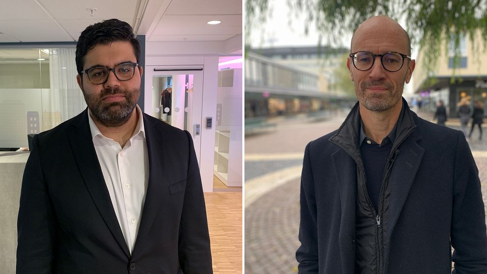 Förhandlingsledaren Adam Hillawi och Stefan Sandberg VD, Svenska bostäder står inomhus.