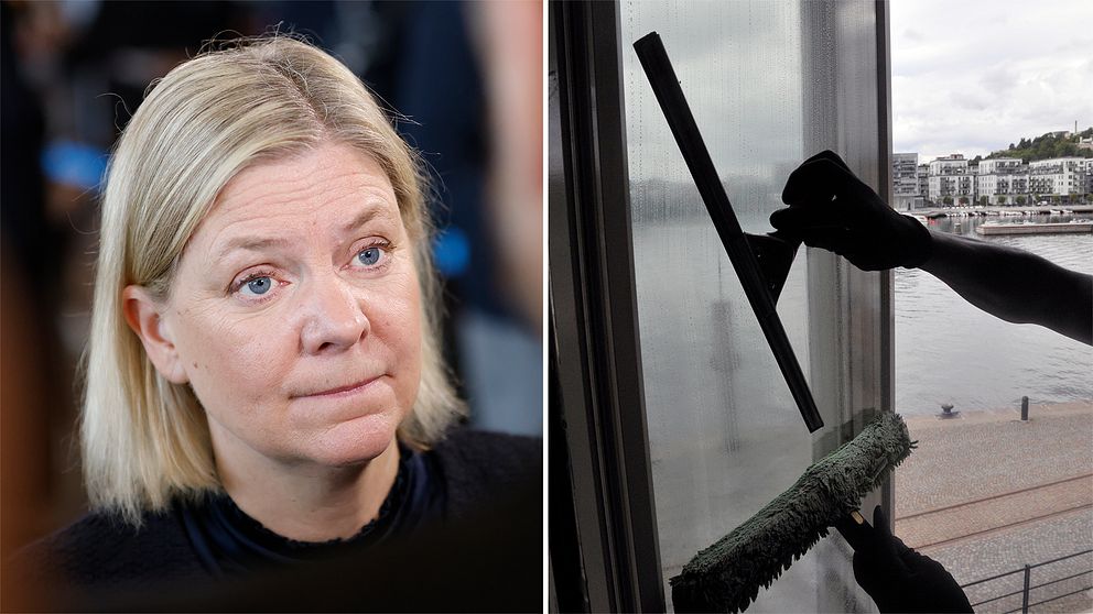 Bild som visar Magdalena Andersson och en person som putsar en fönsterruta.