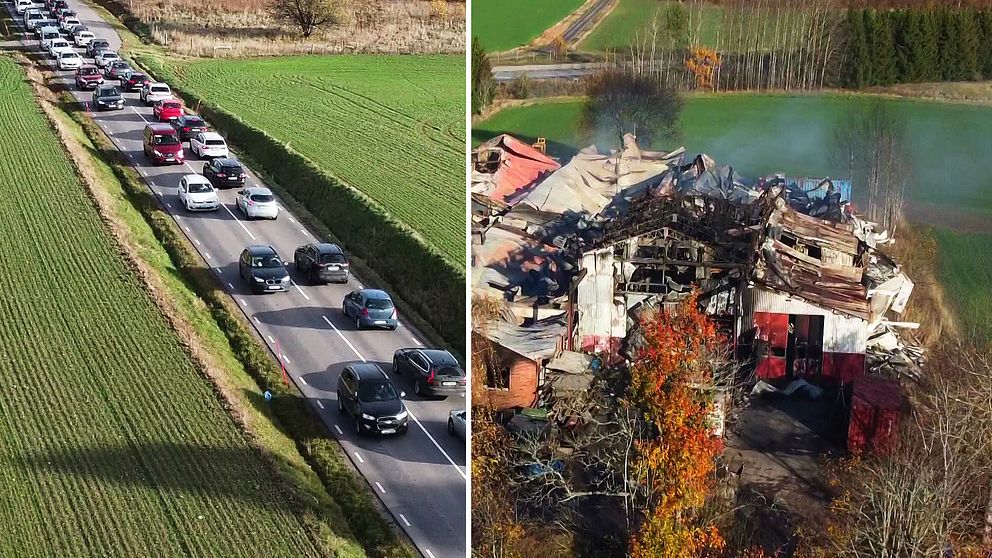 Bilar som snigelkör på omvägar. Den nedbrända industribyggnaden.