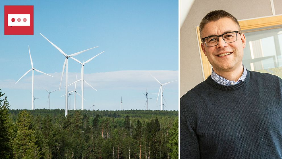 Kollage med vindkraftverk som tornar upp över barrskog i norra Sverige. I det övre vänstra hörnet en röd fyrkant med en pratbubbla som har tre prickar. Till höger bild på Fredrik Bäcklund på Svevind, som i klippet intervjuas om vindkraftsbranschens framtid.