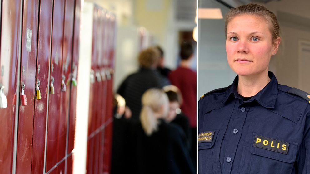 Till vänster en bild föreställande en skolkorridor med skåp och elever. Till höger en bild av kommunpolisen Elin Johansson.