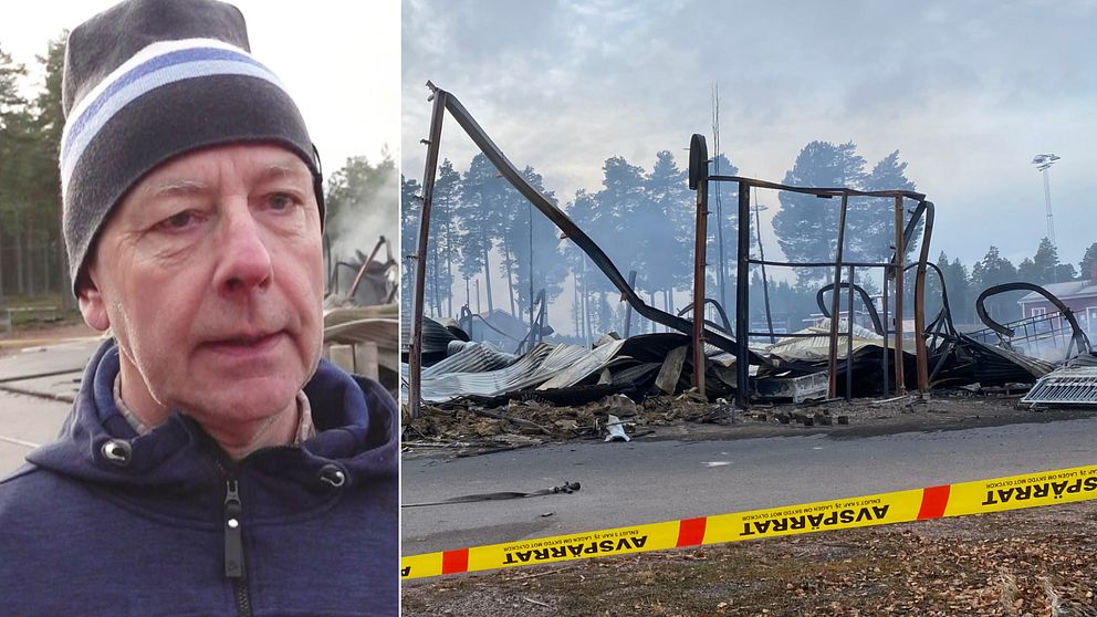 Delad bild – till vänster en man med en mörkgrå mössa med blå ränder, till höger en bild på en brandplats efter en brand i ett förråd.