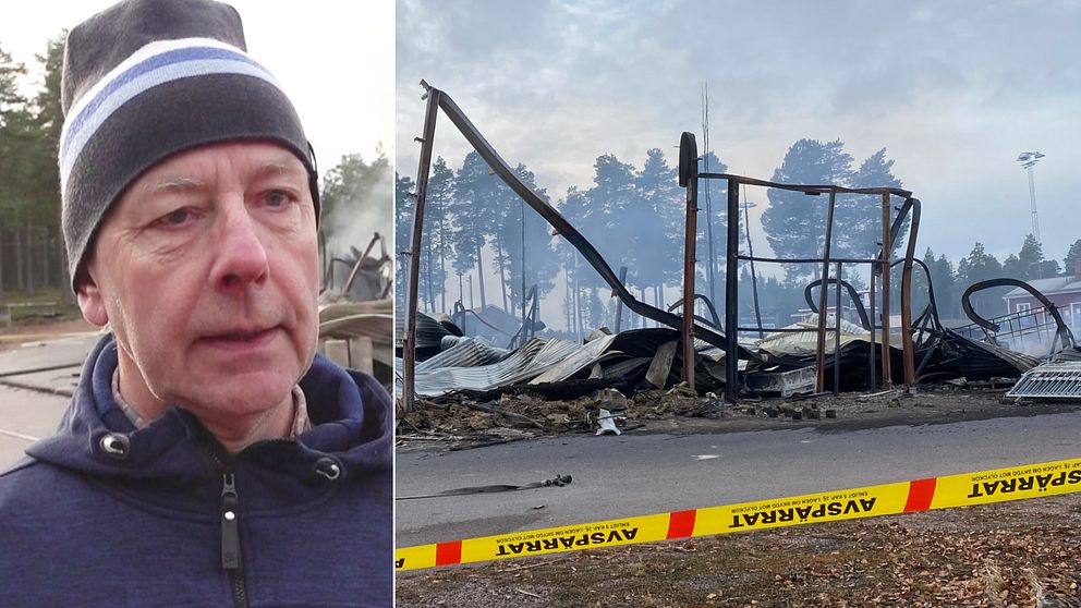 Delad bild – till vänster en man med en mörkgrå mössa med blå ränder, till höger en bild på en brandplats efter en brand i ett förråd.