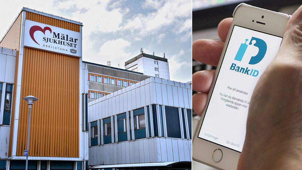 Bilden är delad i två. Den vänstra bilden är en bild på Mälarsjukhuset i Eskilstuna. Den högra bilden är en hand som håller i en mobiltelefon och bank-id syns på displayen.