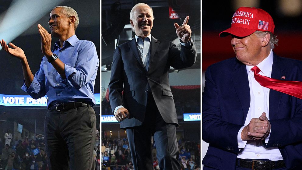 USA:s tidigare president Barack Obama och nuvarande president Joe Biden gör allt de kan för att få väljarna att rösta demokratiskt. Förre presidenten Donald Trump kampanjar för motståndarlaget, republikanerna.