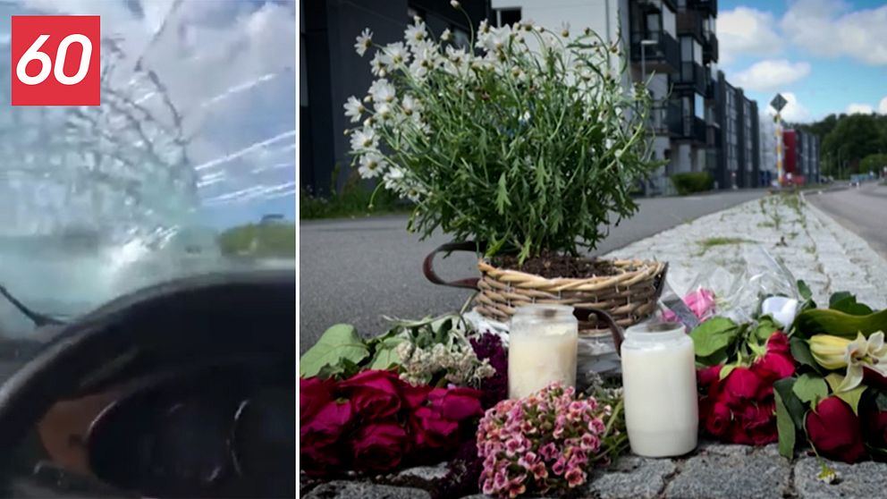 Tvådelad bild: Interiören på en bil sedd inifrån förarsätet med ratten och en krossad vindruta, samt blommor och ljus som ligger utmed Långströmsgatan i Göteborg.