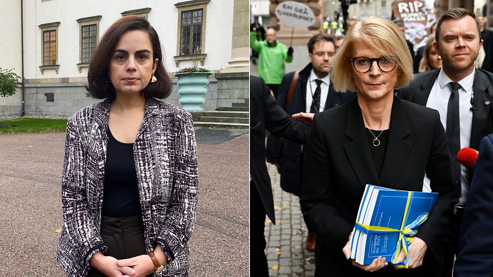 Stockholms hälso- och sjuvårdsregionråd Talla Allkurdi (S) utanför landstingshuset i Stockholm. Finansminister Elisabeth Svantesson (M) till höger med regeringens budget i handen.