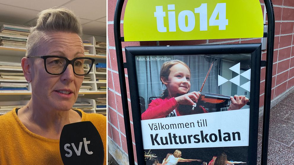 en kvinna med stora svarta glasögon, jobbar på Kulturskolan i Falun, och en bild även till höger där man ser en skylt på kulturhuset tio 14 i Falun.