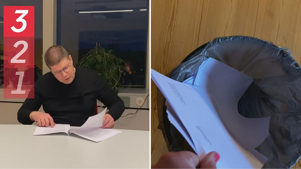 Till vänster: LG Nordlander, socialdemokratiskt kommunalråd i Härjedalen, sitter vid ett bord och bläddrar i en bunt ihophäftade papper. Till höger: En bild på papper som slängs i en sopkorg.