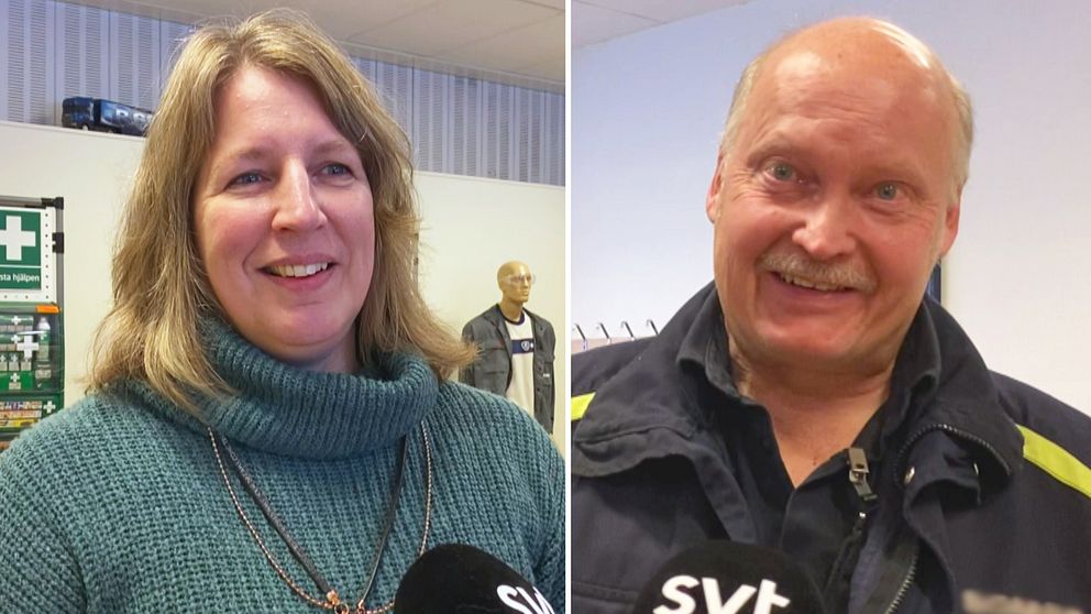 Eva Andersson och Mikael Palo på Scania i Luleå intervjuas av SVT om hur de försöker locka arbetskraft.