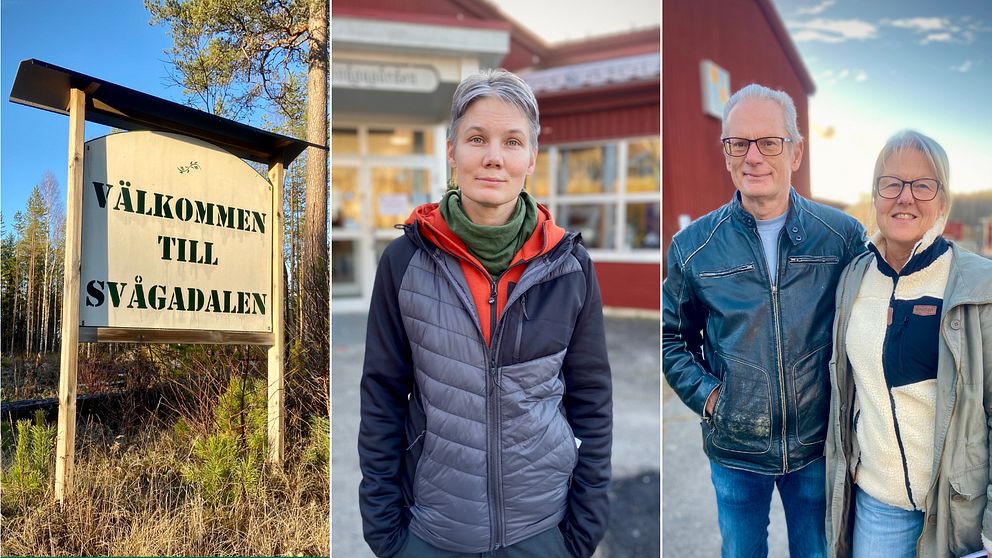 Till häger en skylt i skogen där det står ”Välkommen till Svågadalen. I mitten ett porträtt på väljaren Helena Norman framför Svågagården och till höger står väljarna Staffan Olsson och Britta Eriksson Olsson.