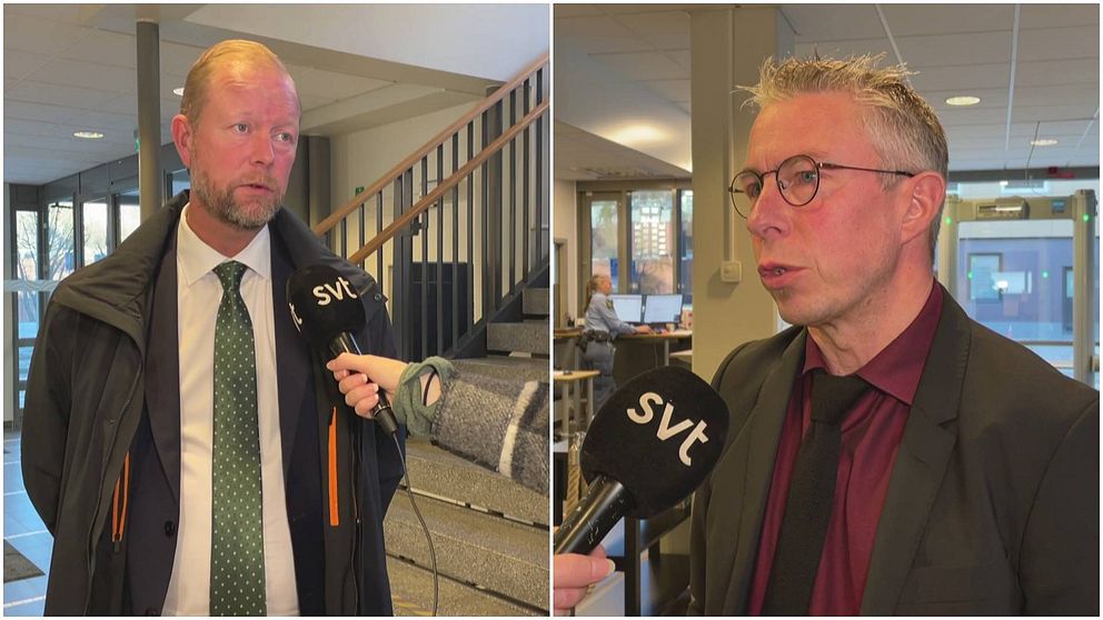 17-åringens försvarare och åklagaren står i tingsrättens entre där de intervjuas av SVT.