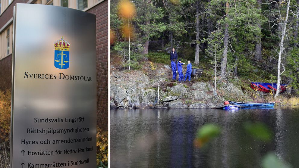 Montage: Till vänster en bild på kriminaltekniker i blåa overaller som står i ett stenigt skogsområde precis vid en sjö. Nedanför klipporna ligger en blå träbåt och en liten flytbrygga. Till höger i bilden ligger en blå-röd träbåt i skogen. Till höger en bild på skylten ”Sveriges domstolar, Sundsvalls tingsrätt” med mera.