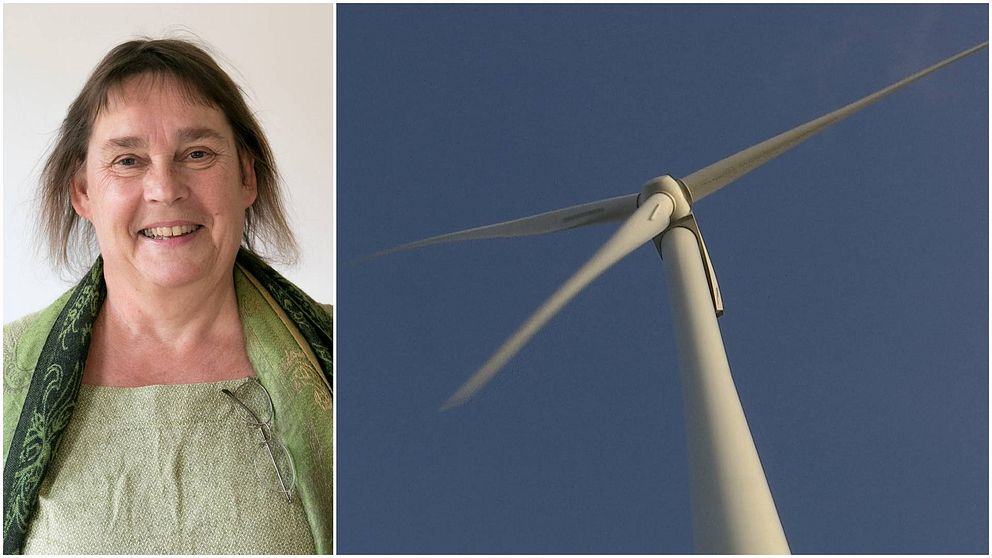 Splitbild på Karin Jansson på region Gävleborg och ett vindkraftverk mot den blåa himlen.
