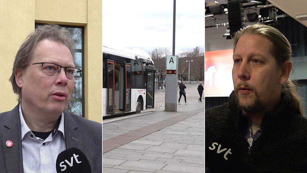 två män, en med glasögon, en med längre hår i hästsvans – politikerna Ebbe Ronsten (S) och Patrik Liljeglöd (V), samt en buss på Knutpunkten i Falun.