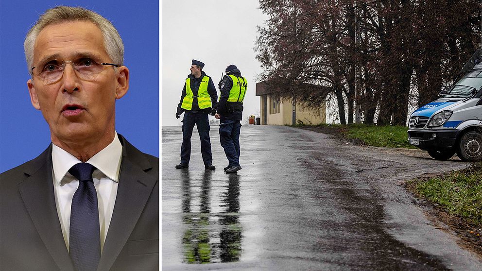 Nato-chefen Jens Stoltenberg. Till höger bilder på polisen i Polen.