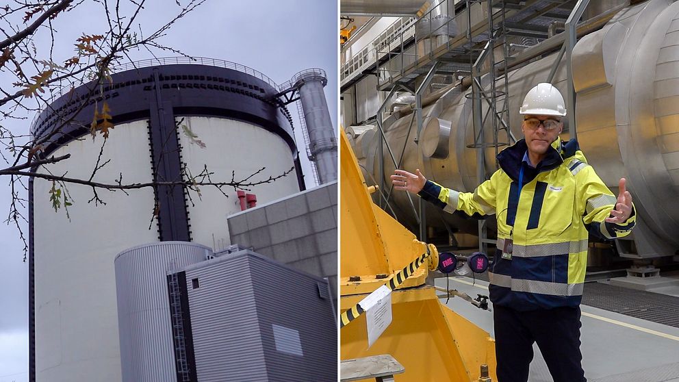 Yttre bild på kärnkraftverket Ringhals. delad bild med en man (Ringhals vd Björn Linde) inne i en turbinhall.