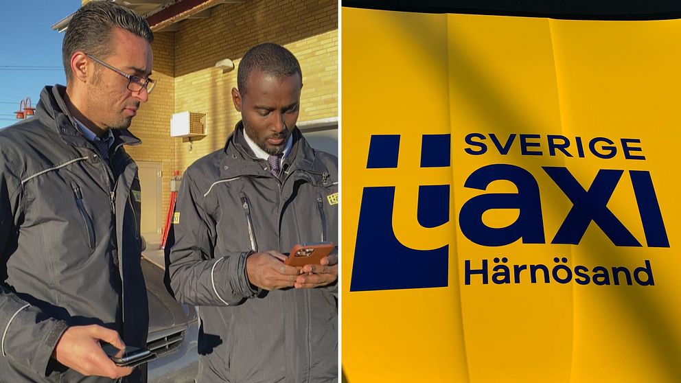 Montage: till vänster en bild på Mohamed Muse och Belgacem Mansour som står och håller på med telefonerna, i förda Sverige taxis arbetsjackor.