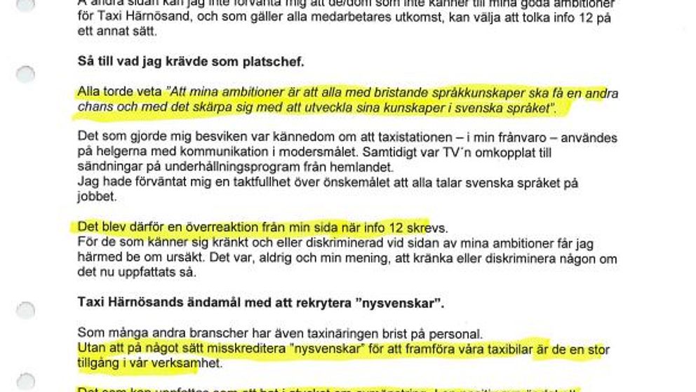 Bild på platschefen Hans Edins informationsbrev i sin helhet. Fem stycken är gulmarkerade med understrykningspenna.