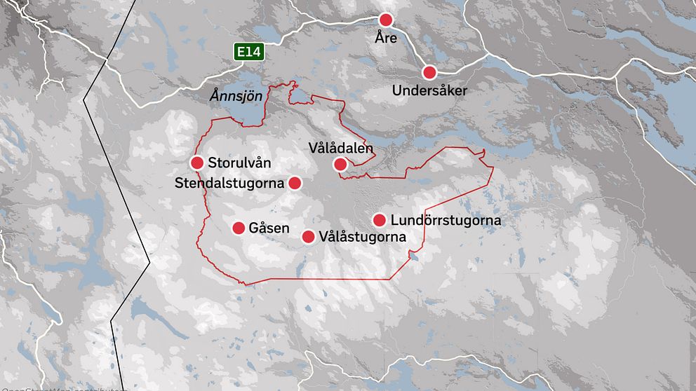 En karta över södra Årefjällen.