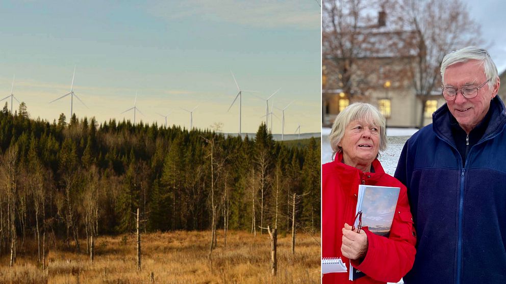Till vänster ett montage föreställande vindsnurror i ett skogslandskap. Till höger ett glatt par med en broschyr.
