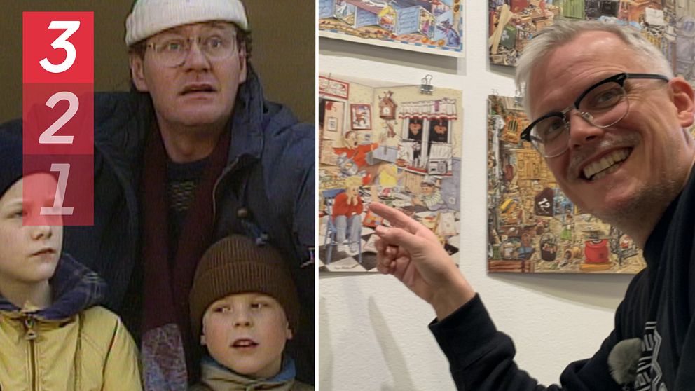 Bild på Sune, Pappa Rudolf och lillebror Håkan från kalendern Sunes jul 1991, delad bild med guiden Henrik Stenberg på Laholms Teckningsmuseum.