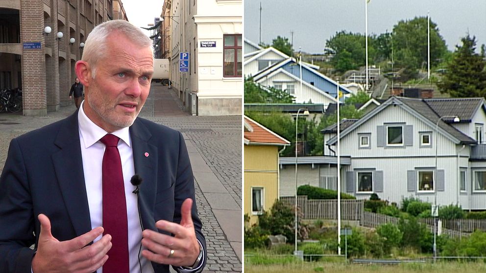 Jonas Attenius (S) kommunalråd Göteborg står i kostym ute på gatan och pratar, delad bild med arkivbild på villaområde i Långedrag