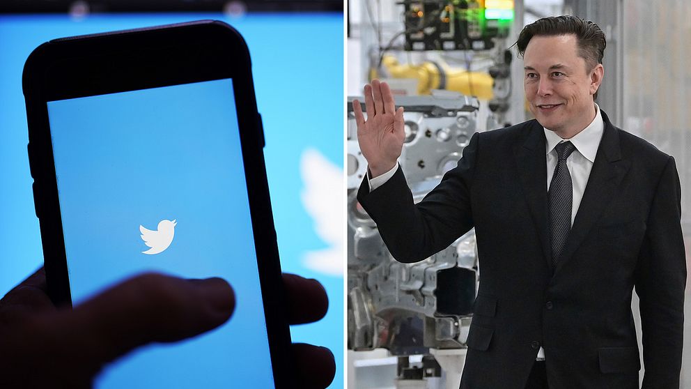 Bild på mobil som öppnar appen Twitter, bredvid bild på en vinkande Elon Musk.