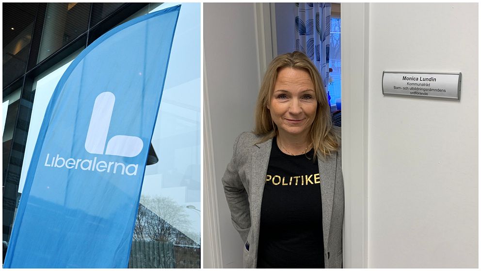Till vänster: Bild på blå reklamflagga med Liberalernas logotyp. Till höger: Bild på Monica Lundin, avgående kommunalråd i Borlänge för liberalerna, när hon kikar ut från sitt kontor och ser glad ut.