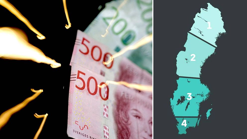 Tvådelad bild. %00- och 200-kronorssedalar i närbild. En karta över sverige som är uppdelat i fyra olika elprisområden.