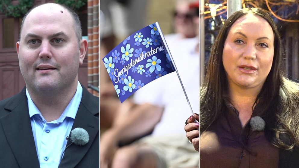 Två personer i porträtt. SD-flagga. PErsonerna är Sverigedemokraterna Andreas Havasi och Stina Isaksson som båda är politiskt aktiva i Halland. Där har SD bara plats i ett styre och det är i Varberg.