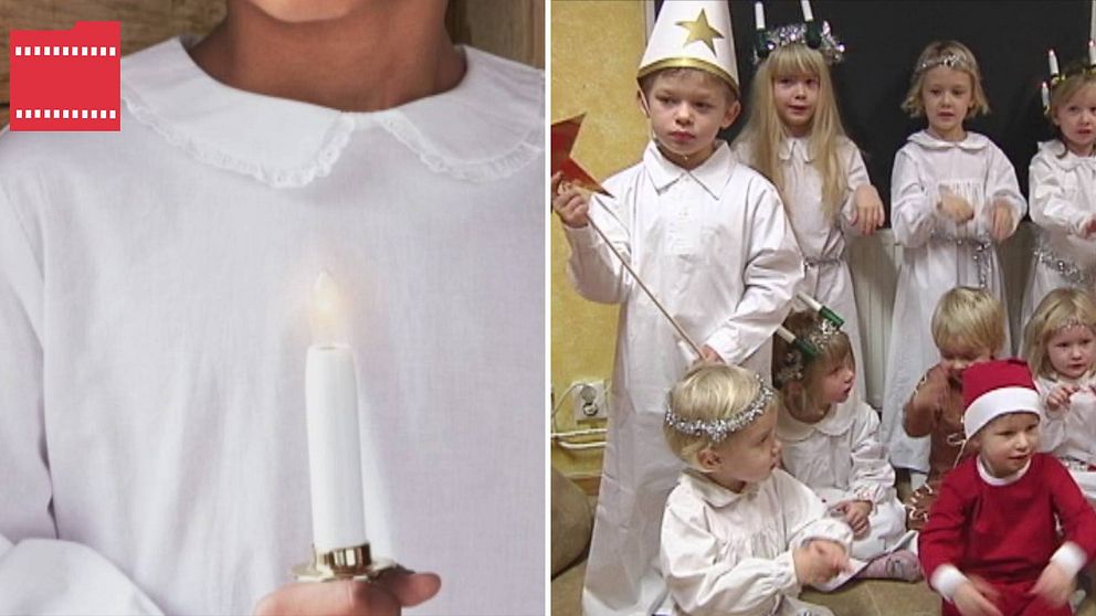 Dubbelbild med ett barn som håller ett ljus i handen och har vit luciaklänning på sig till vänster och ett gäng barn som lussar på en förskola i den högra bilden.