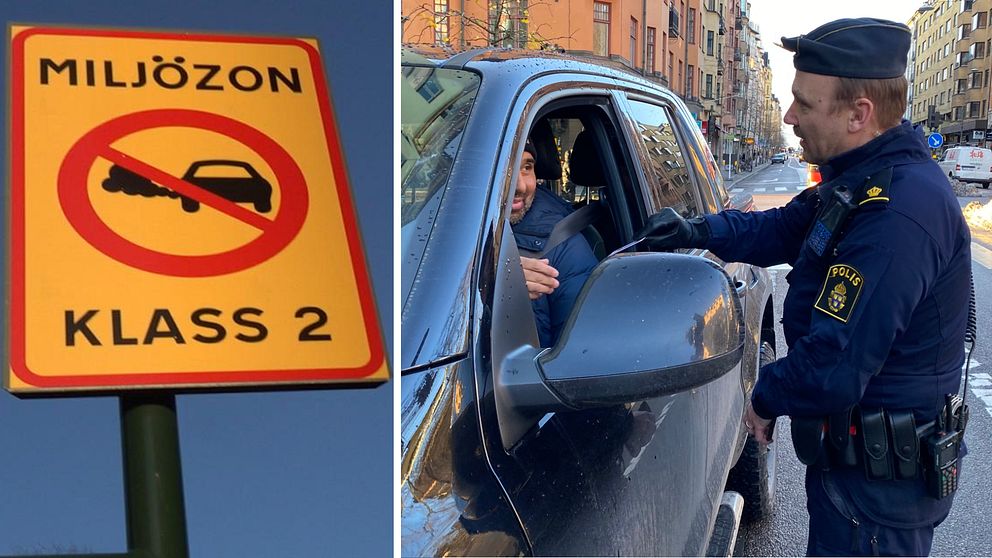 Polisen Fredrik Ehrström gör en trafikkontroll på Hornsgatan där miljözon klass 2 infördes i januari 2022. Bredvid finns en trafikskylt som visar att miljözon klass 2 gäller på Hornsgatan.