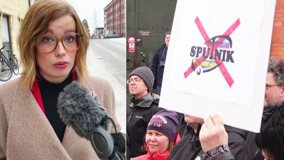 Till vänster: Bild på Emmeli Nybom (S) som står utomhus och pratar i SVT:s mikrofon. Till höger: Bild på demonstranter som håller upp en vit skylt med Sputniks logotyp, täckt med ett rött kryss.