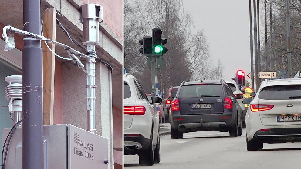Luftkvalitén i Östersund är så dålig att åtgärder måste sättas in. På bilden syns en mätutrustning på en vägg, och bilar som kör på Rådhusgatan.