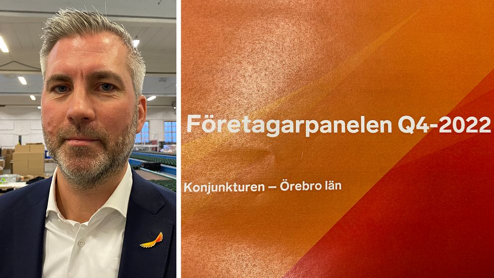 Bild på person och ett bokomslag. Mannen heter Karl Hulterström och är regionchef för Svenskt Näringsli. Han berättar om förväntningarna på det närmaste året. Boken handlar om konjunkturen i Örebro län.